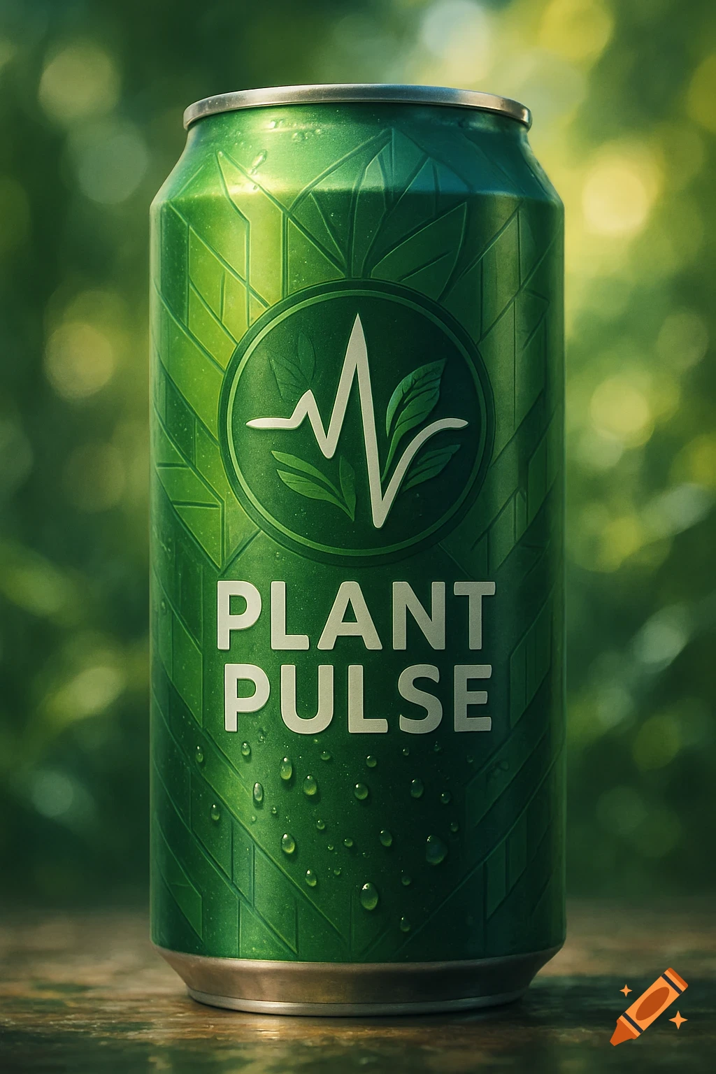A photorealistic close-up of a green 'PLANT PULSE' energy drink can, featuring a leaf pattern and water droplets.