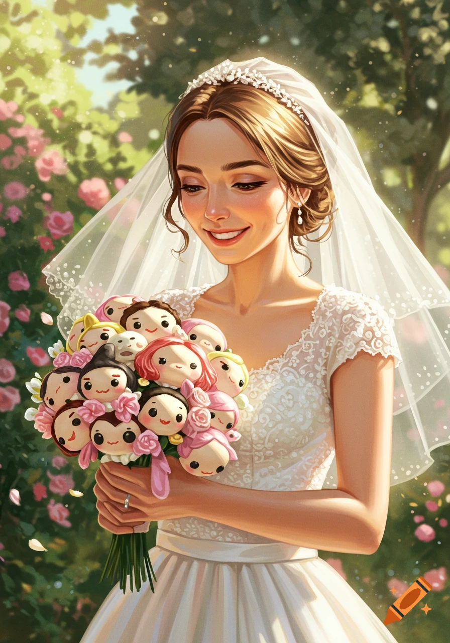 A smiling bride in a white wedding dress and veil holds a bouquet made of stylized dolls in a sunny garden.