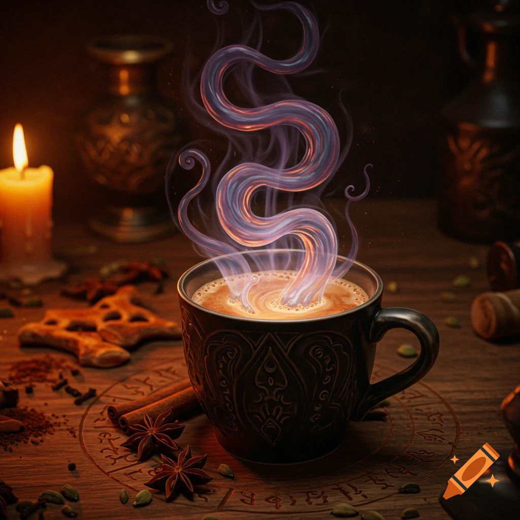 A dark mug of chai with colorful, swirling smoke rising from it on a wooden table. Spices, a lit candle, and etched symbols surround the mug.