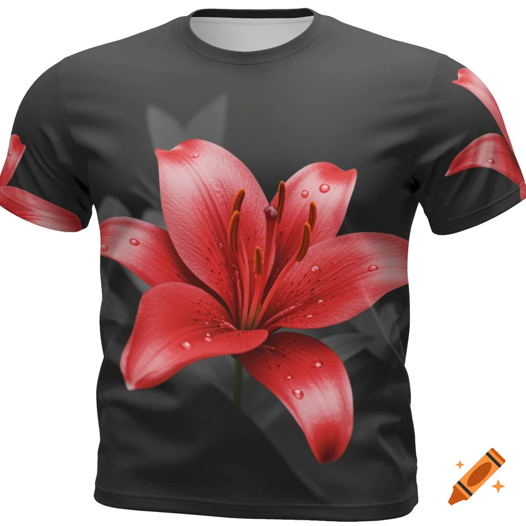 A dark gray t-shirt with a large, realistic crimson lily on the front, featuring water droplets on its petals.