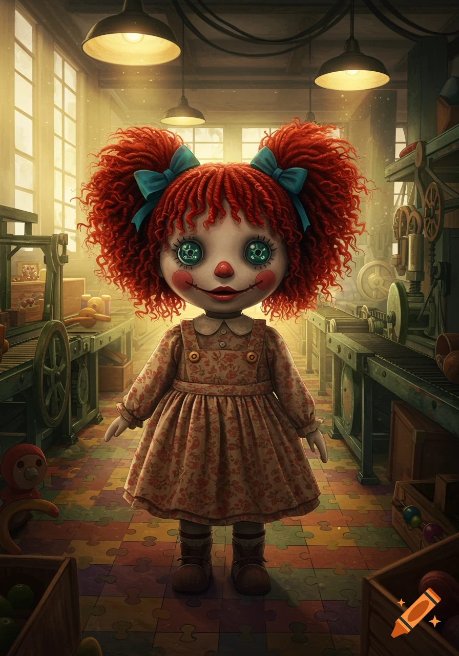 A creepy doll with button eyes, red curly hair, and a floral dress stands in a dimly lit, dusty toy factory.