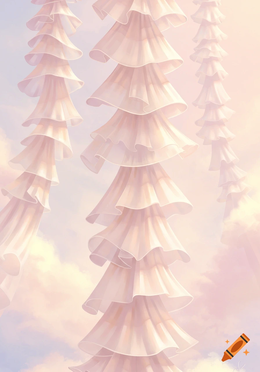 Layered white and pink ruffled fabric columns float vertically against a soft, dreamy sky with warm light.
