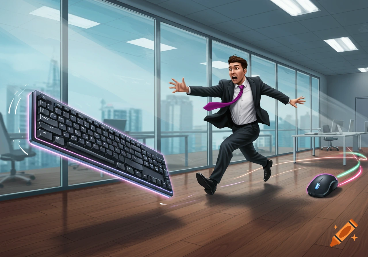 A man in a suit runs frantically after a floating keyboard and mouse in a modern office with large windows.