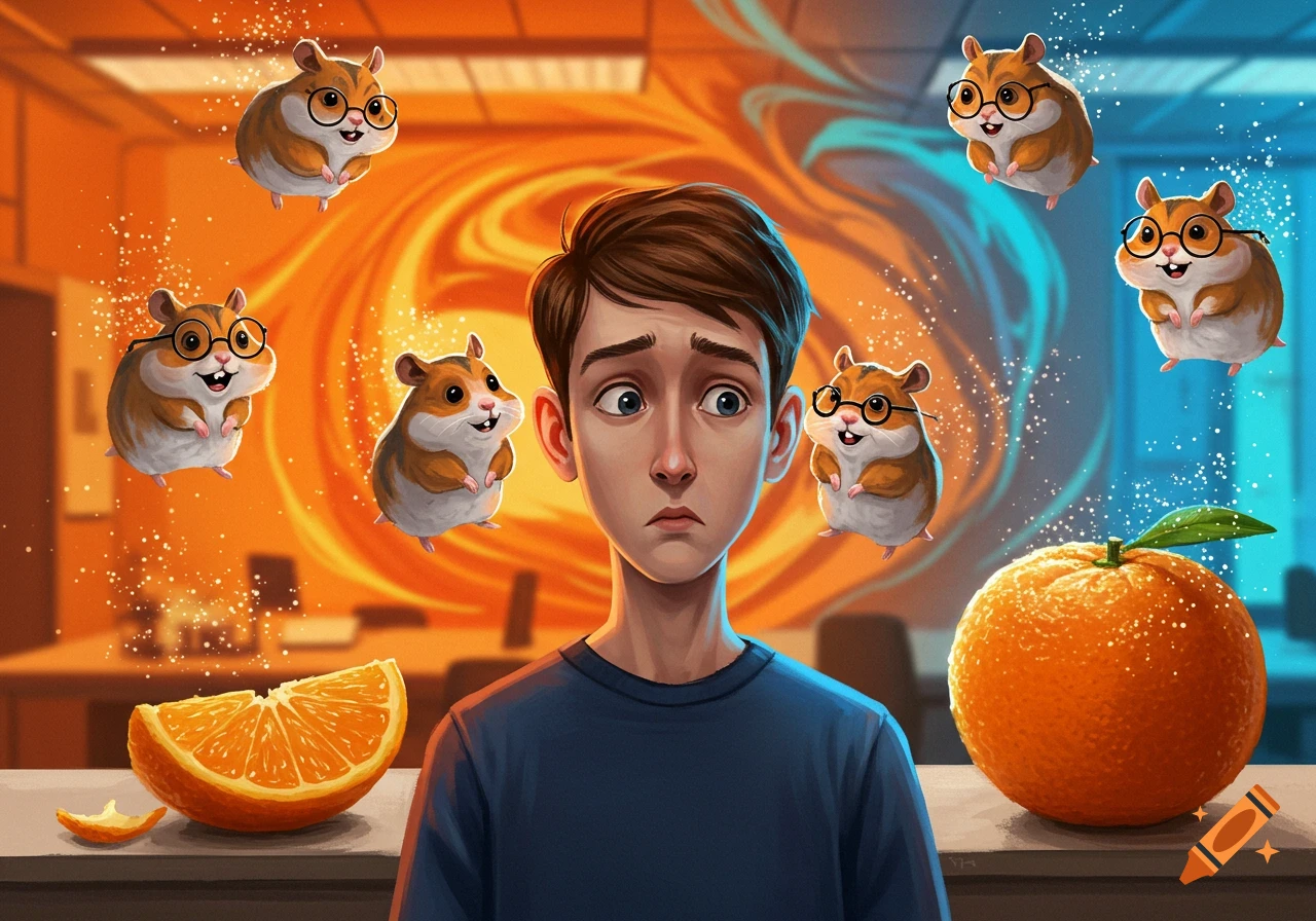 A man with a worried expression is surrounded by several flying, bespectacled hamsters and oranges, in a cartoonish, surreal style.