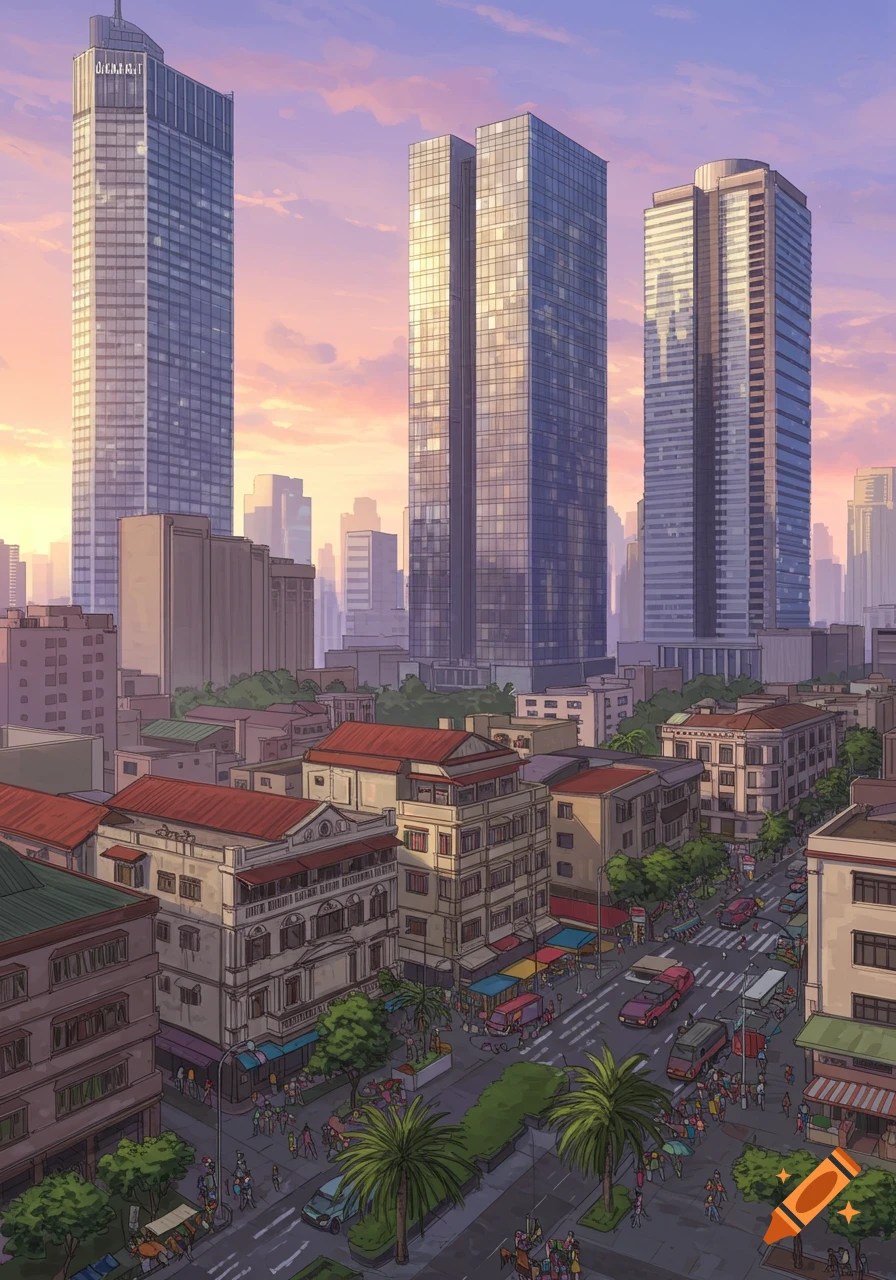 Vibrant anime cityscape at sunset, with tall modern skyscrapers, older buildings, and a busy street filled with cars and people.