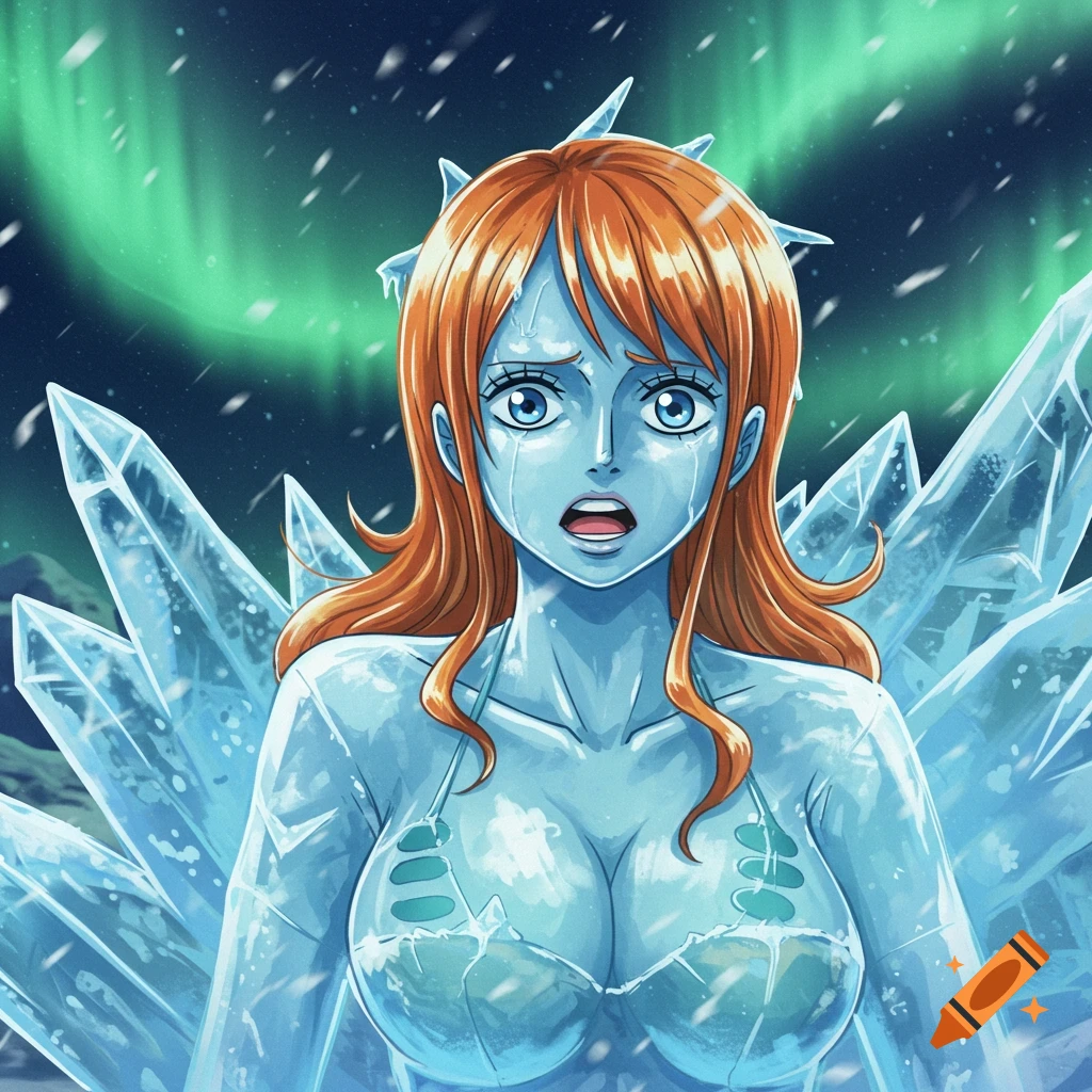Nami from One Piece frozen and crying amidst ice shards and aurora borealis, appearing as an ice statue.