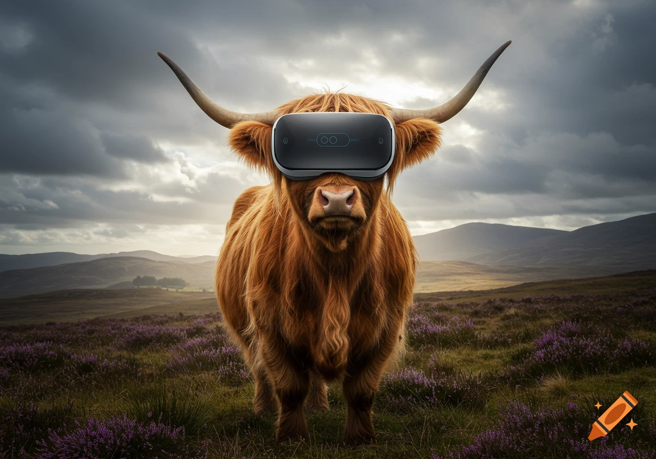 A shaggy highland cow wearing a virtual reality headset stands in a field of purple heather under a dramatic sky.