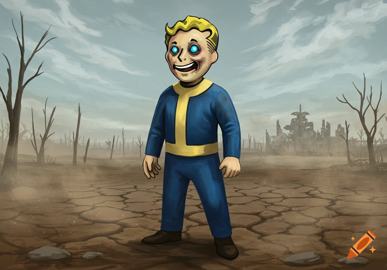 Vault Boy stands in a desolate, post-apocalyptic wasteland with cracked earth and skeletal trees, his eyes glowing blue with a cold stare.