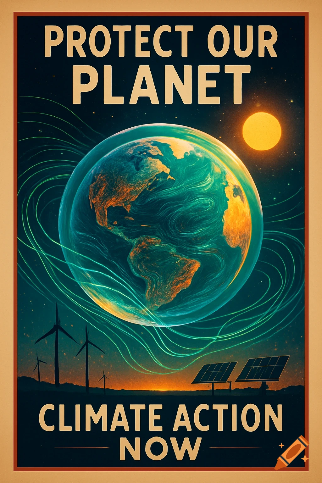 Poster featuring Earth, wind turbines, solar panels, and the text 'PROTECT OUR PLANET CLIMATE ACTION NOW'.