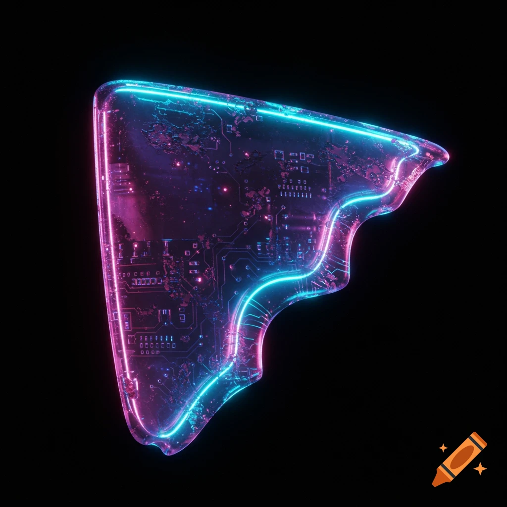 A jagged, translucent piece of alien technology or circuit board glows with neon pink and blue light against a black background.