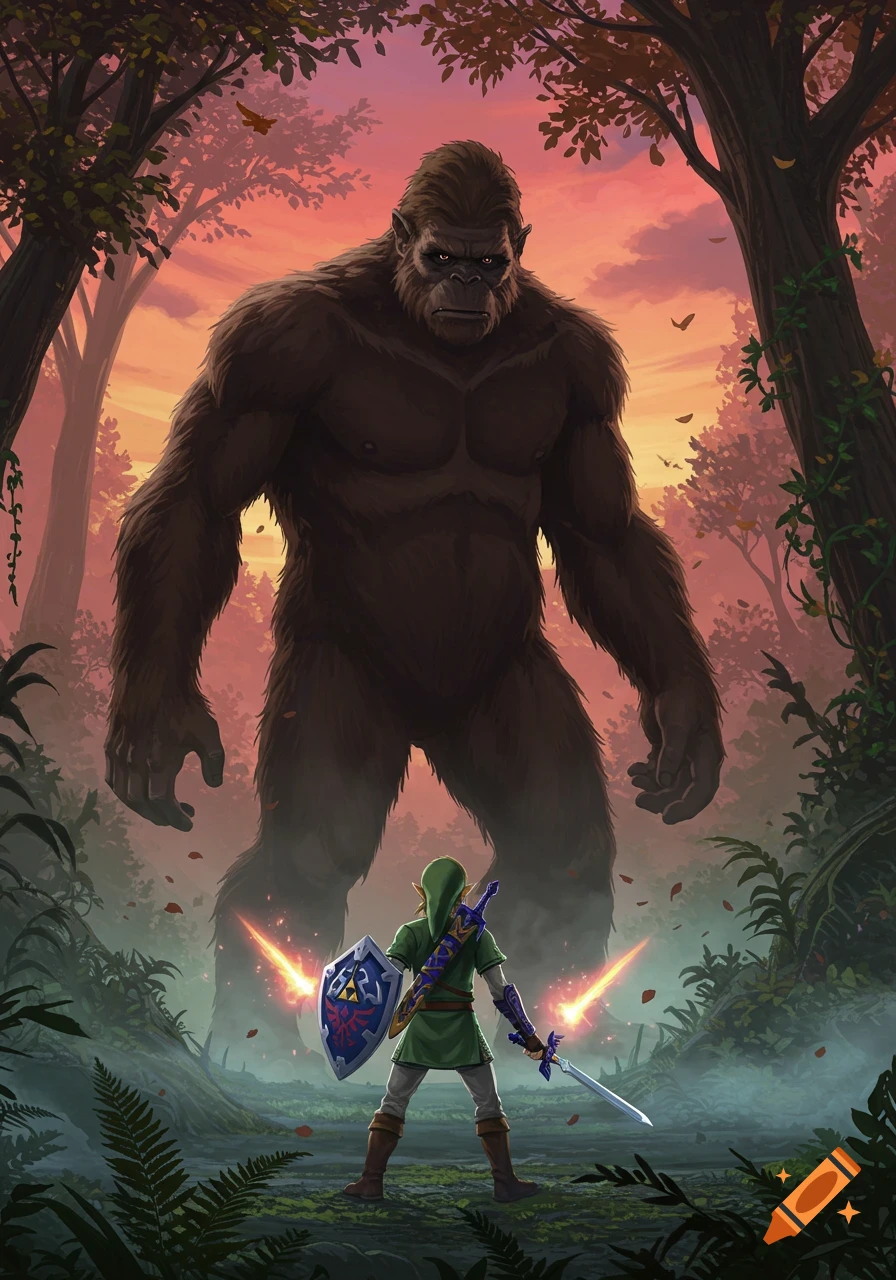 Link from Legend of Zelda confronts a giant Bigfoot in a vibrant, stylized forest at sunset.