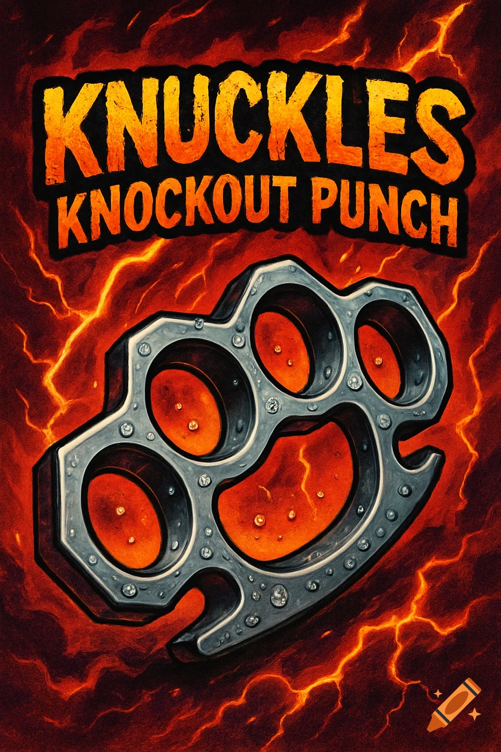 A stylized label for "KNUCKLES KNOCKOUT PUNCH" featuring brass knuckles with fiery orange holes, set against a dark red background with orange lightning. The text is bold and blocky.