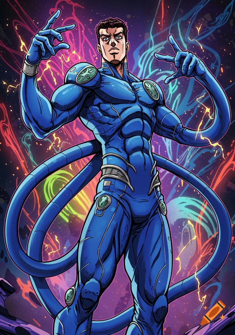A muscular man in a blue superhero suit with tendrils and stylized hands, in the bold art style of JoJo's Bizarre Adventure, set against a vibrant abstract background.