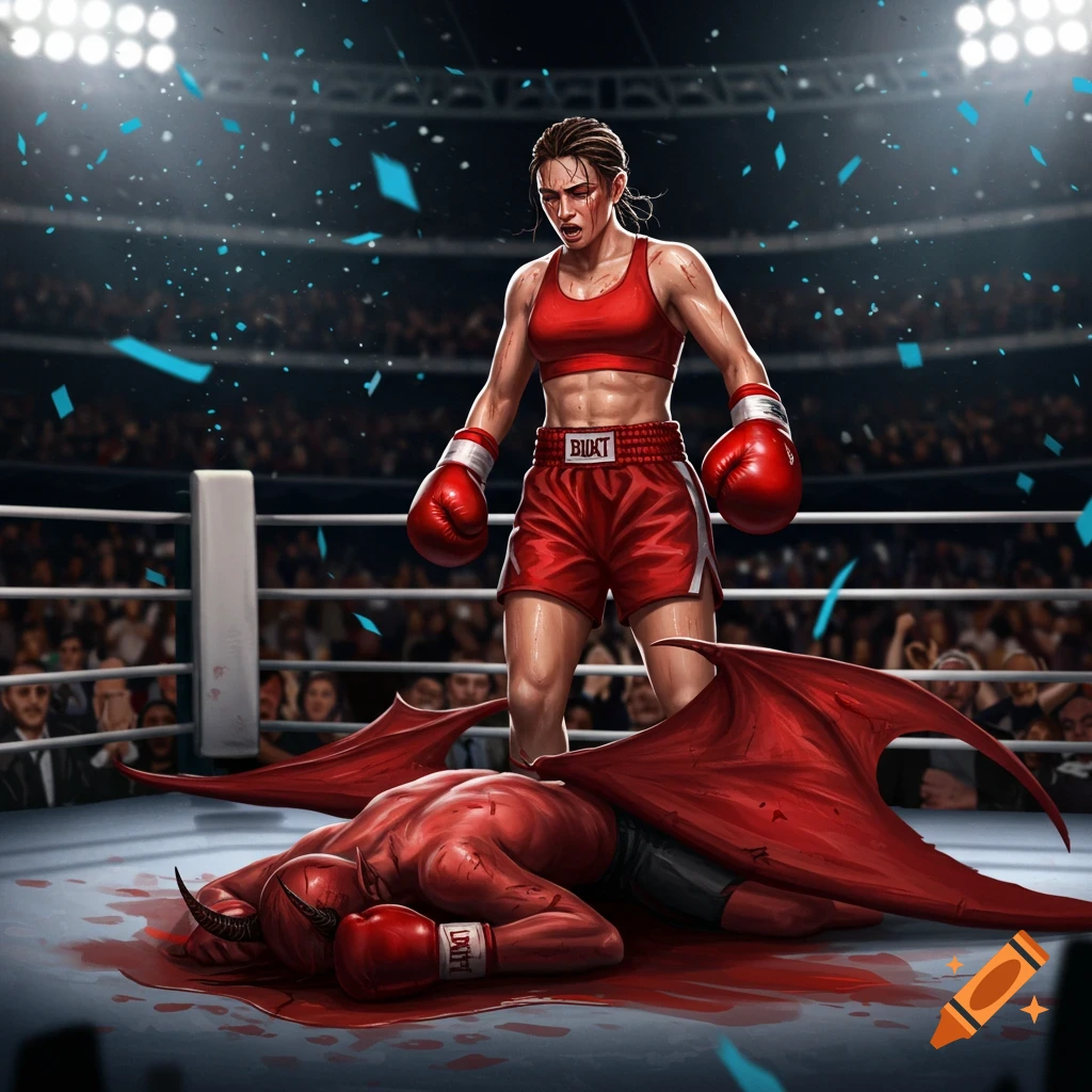 A female boxer in red shorts and gloves stands victorious over a knocked-out red devil in a boxing ring, with blood on the mat and confetti falling.