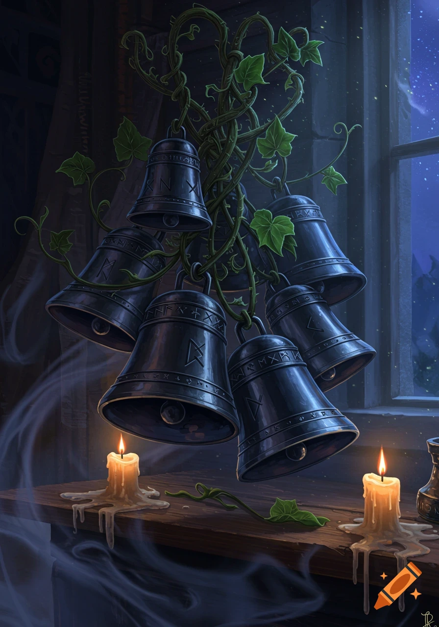 Dark bells with runes entwined in ivy hang above a wooden table with two lit candles and smoke in a mysterious room.