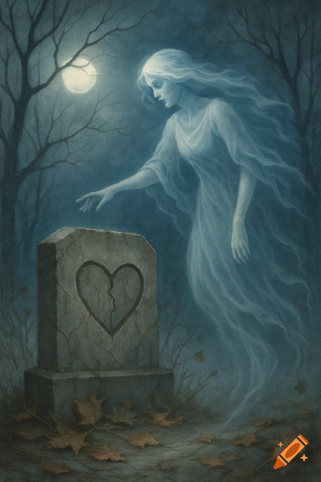 Ethereal ghost figure reaches for a tombstone with a broken heart carving in a moonlit, barren forest.