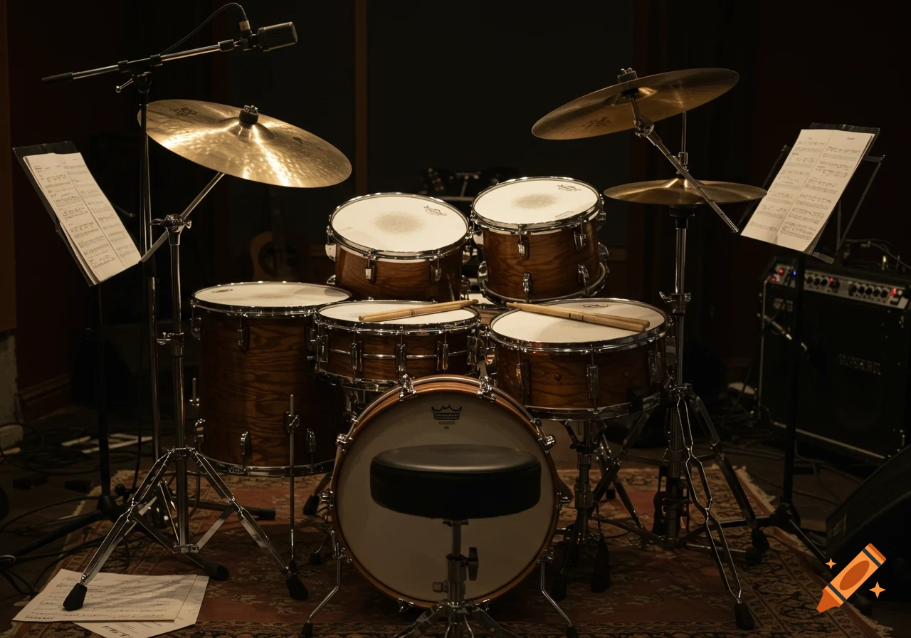 A standard jazz drum set with sheet music on stands in a dimly lit studio.