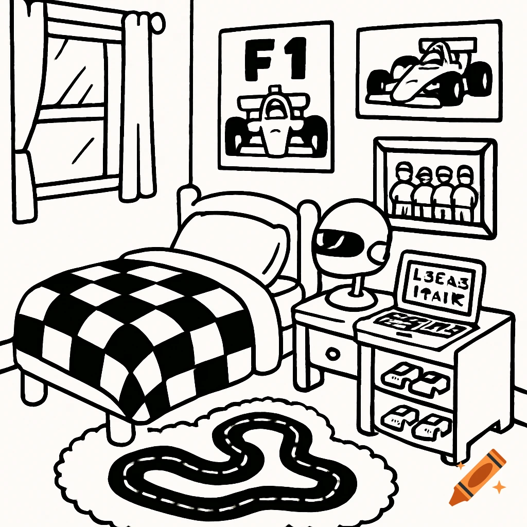 A cartoon line art drawing of a Formula 1-themed bedroom with a checkered bed, racing posters, a helmet lamp, and a racetrack rug.