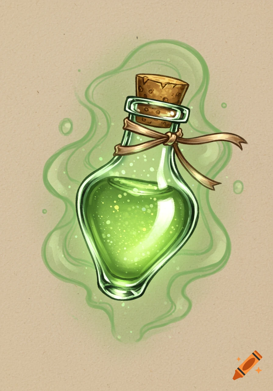 A stylized illustration of a green potion in a heart-shaped glass bottle with a cork and ribbon, surrounded by green mist.
