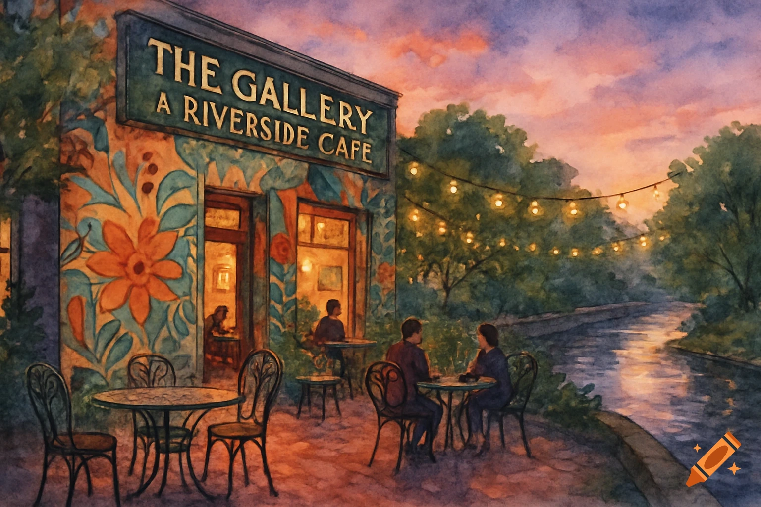 Watercolor painting of a riverside cafe with outdoor seating and string lights at dusk.