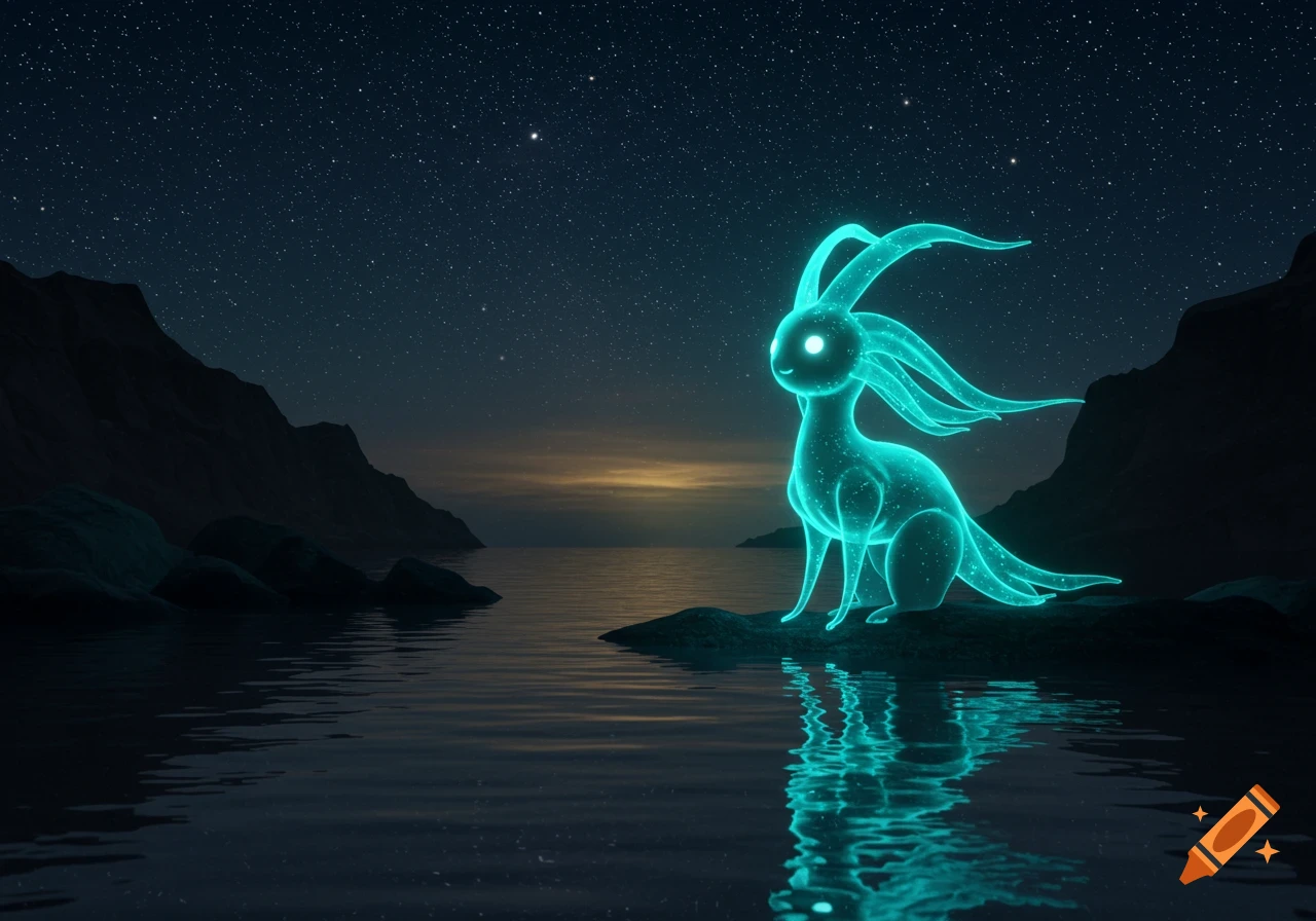 A glowing turquoise creature with large ears and a flowing tail sits on a rock in a lake under a starry night sky.