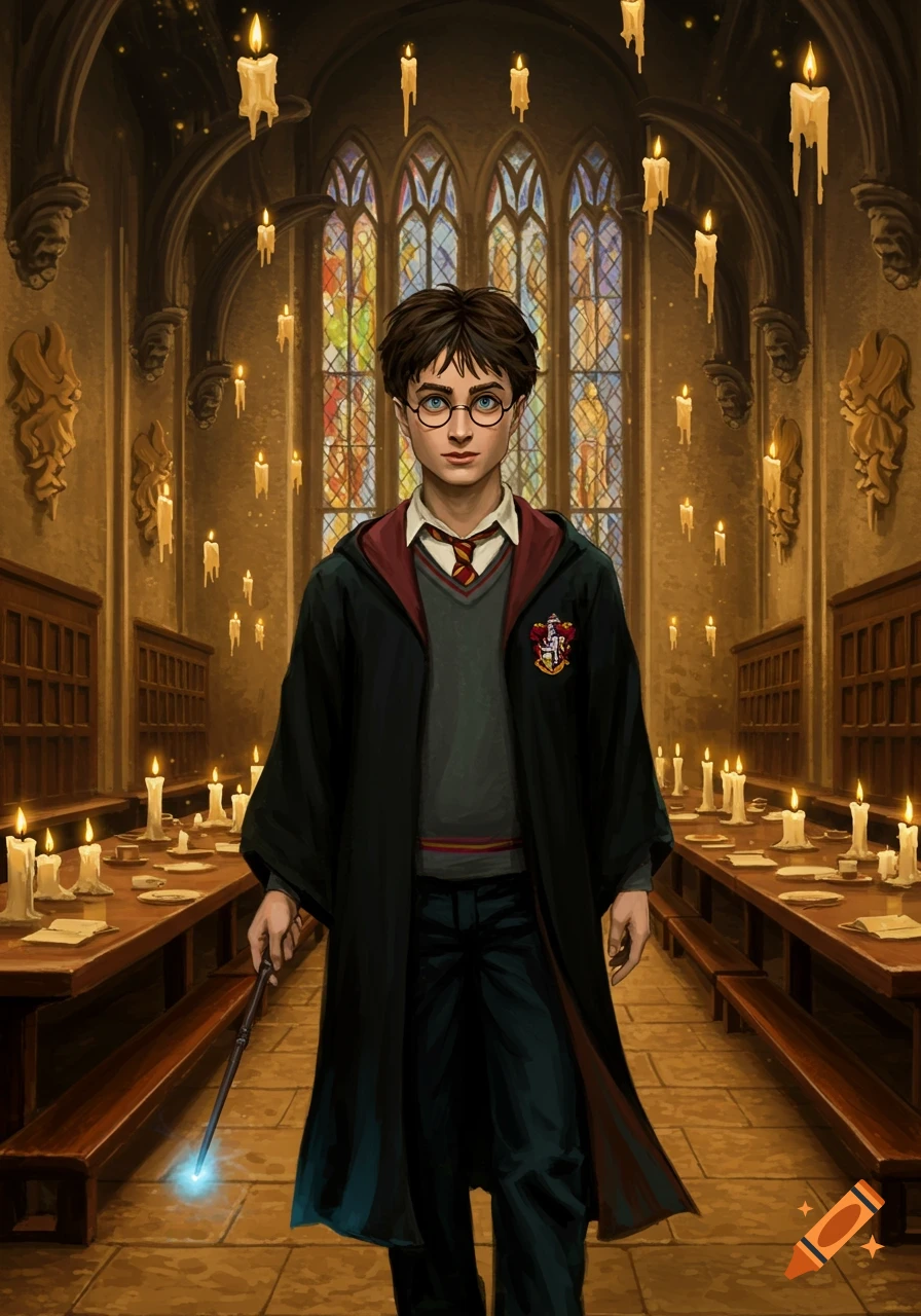 Harry Potter stands in the Hogwarts Great Hall, holding his wand, with floating candles and stained glass windows in the background. Digital painting style.