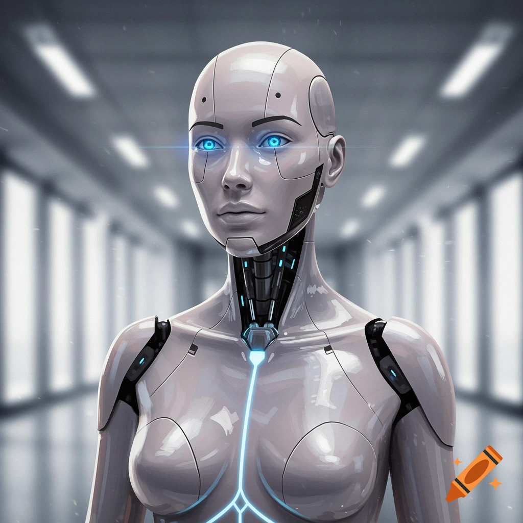 A photorealistic sci-fi image of a white humanoid robot with glowing blue eyes and lines on its chest, standing in a futuristic hallway.