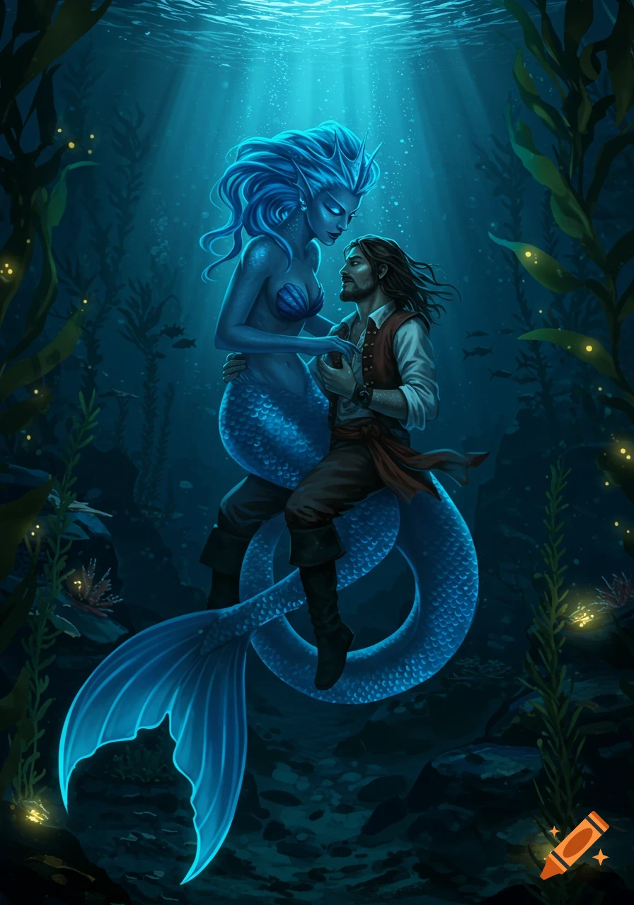 A vibrant blue-haired mermaid with a glowing tail embracing a pirate underwater, with light rays filtering through the water and kelp.