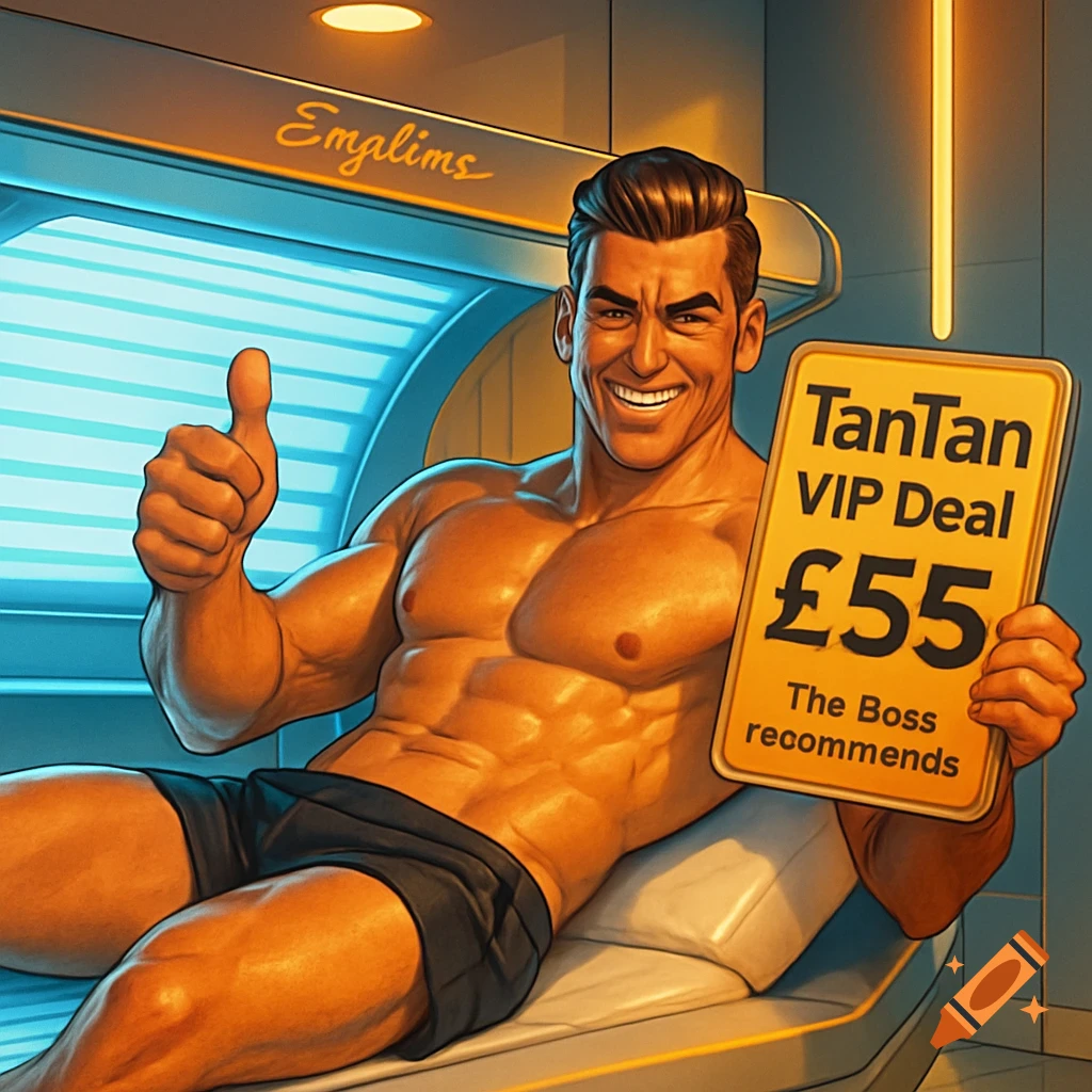 A muscular man in black shorts lies on a sunbed, giving a thumbs up and holding a sign advertising a 'TanTan VIP Deal A 55'. Stylized art.