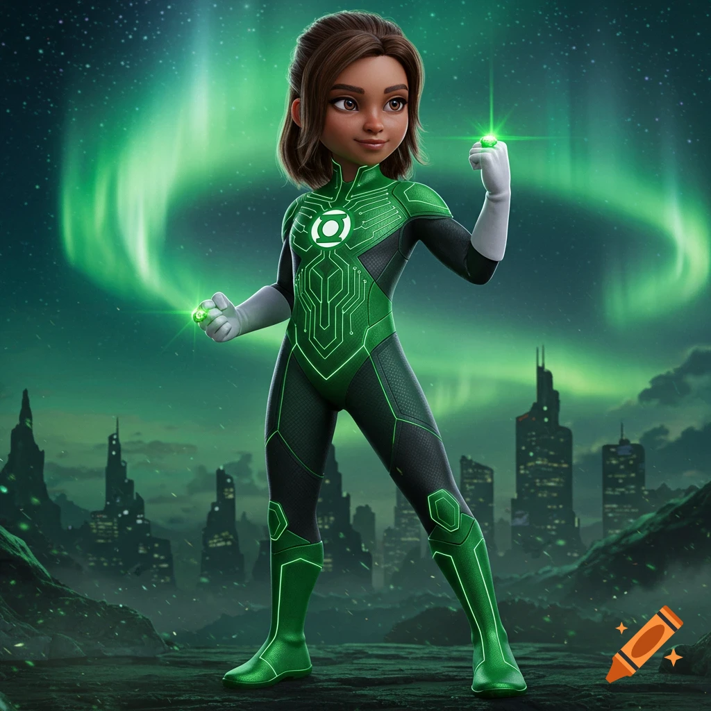A confident girl in a green and black Green Lantern suit stands in an alien city under a green aurora.