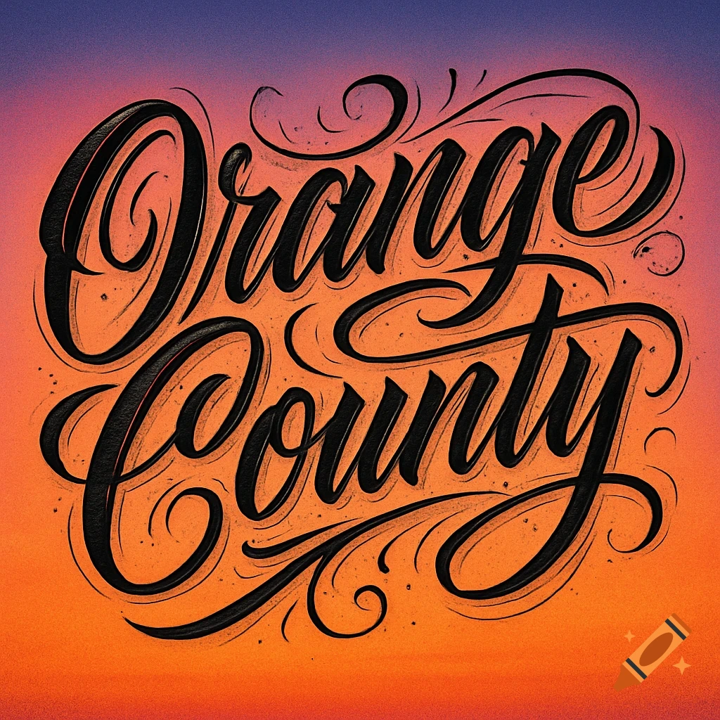 Black stylized cursive text 'Orange County' on an orange and purple gradient background.