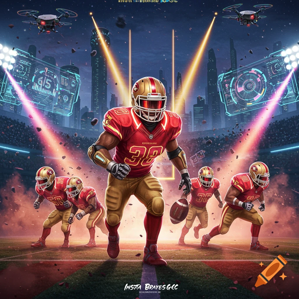 A futuristic American football game with players in red and gold uniforms on a field with glowing goalposts and holographic screens displaying data. Drones fly overhead in a city skyline at dusk.