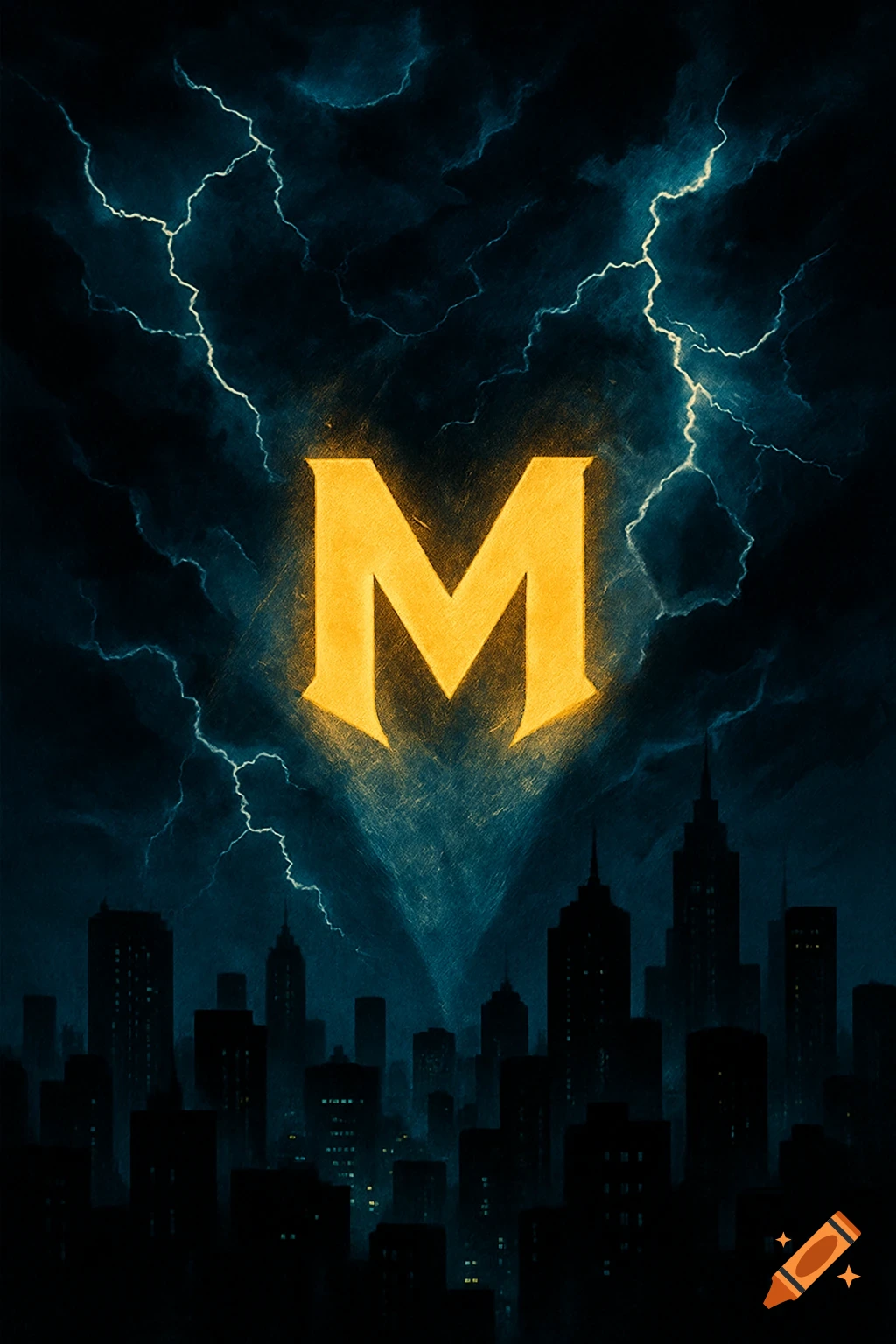 A glowing golden letter M projected into a stormy, lightning-filled sky above a dark cityscape, resembling a superhero signal.