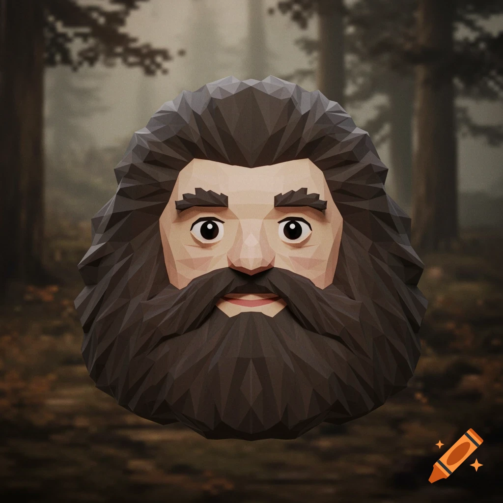 A low-poly, triangular render of a bearded man resembling Hagrid, with dark hair and a big beard, against a blurred forest.