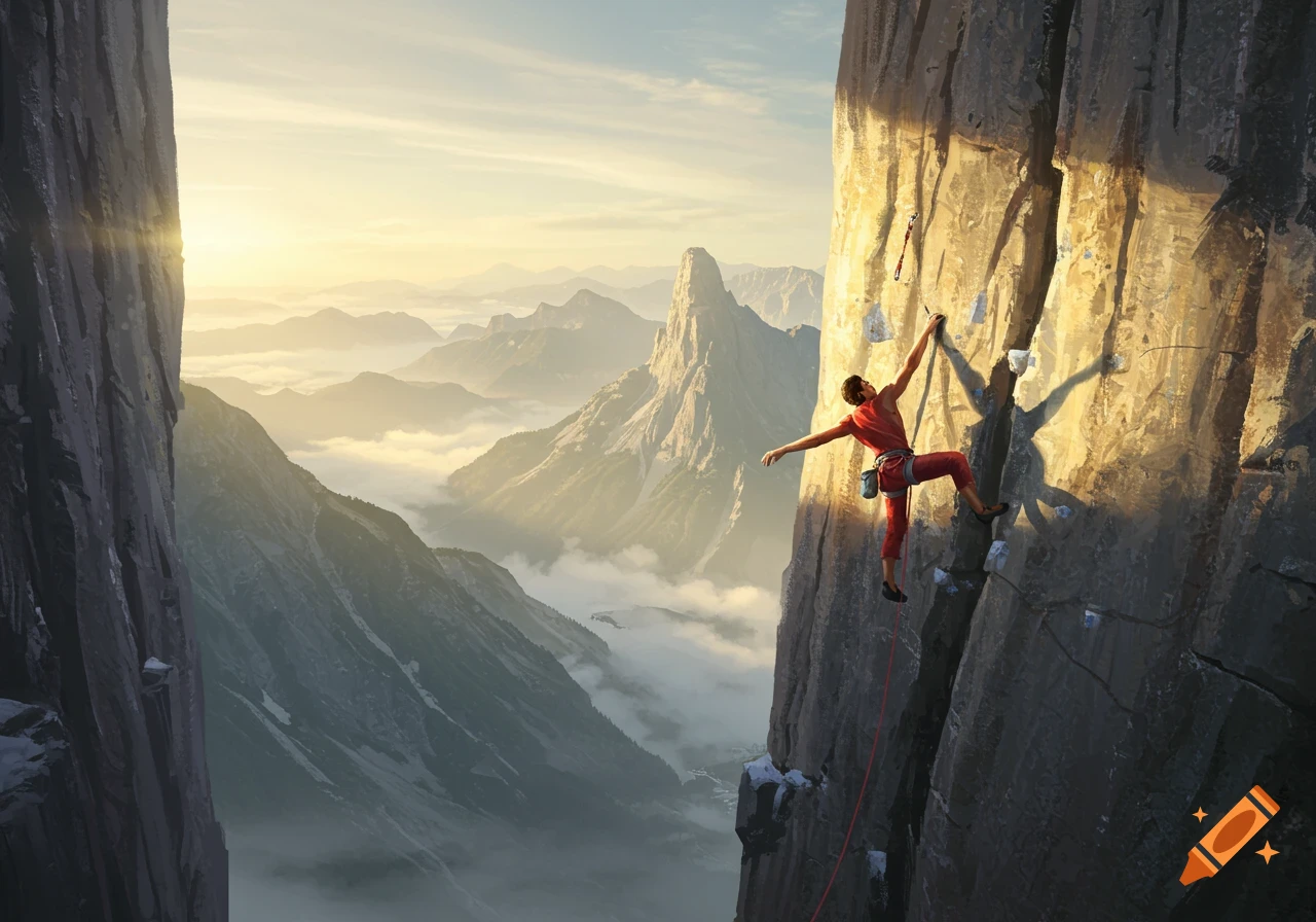 A lone mountain climber in red scales a steep sunlit cliff, with vast, foggy mountain ranges in the background at sunrise.