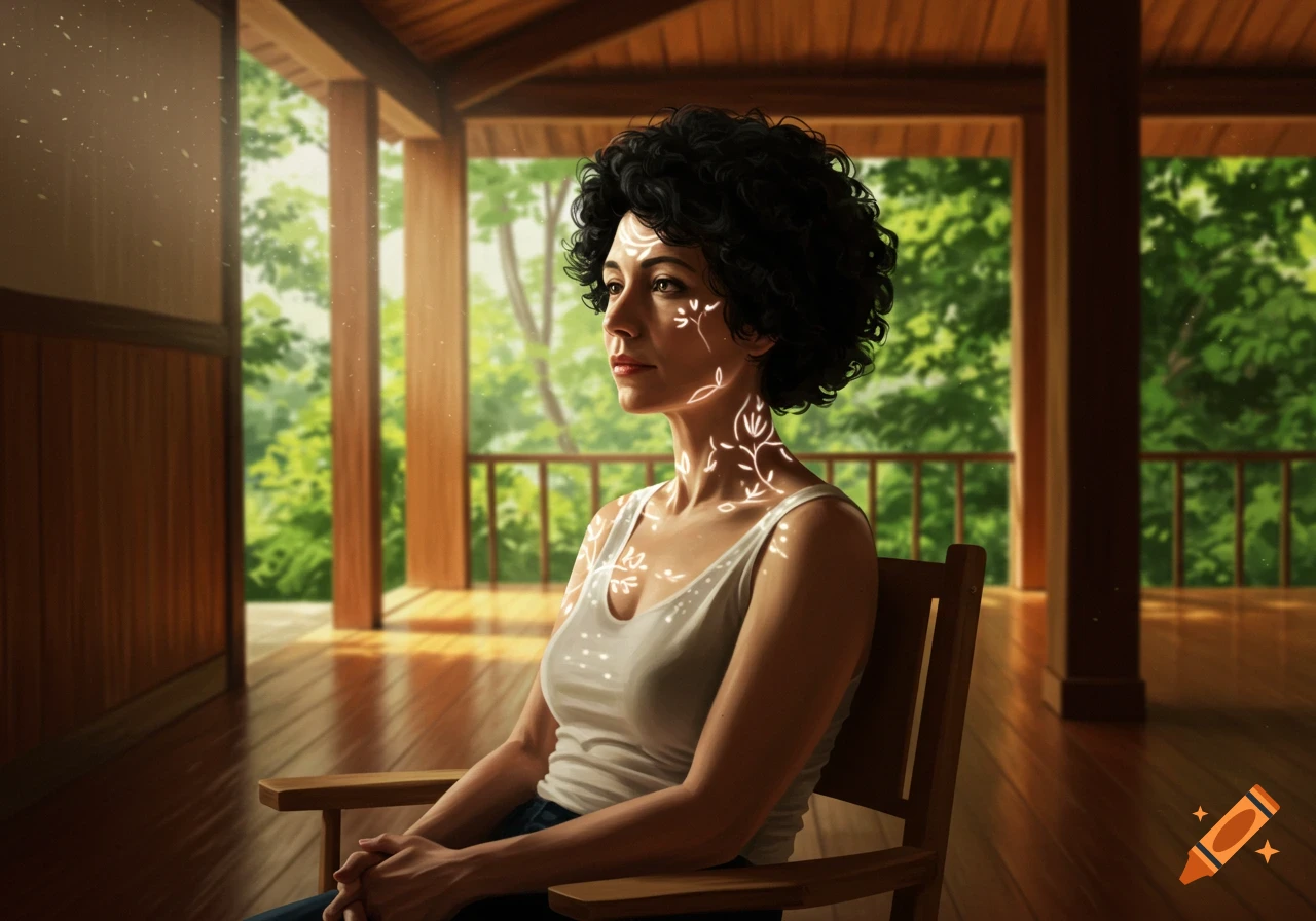 A woman with curly black hair sits in a wooden chair on a porch, white glowing patterns on her skin, looking out at green trees.