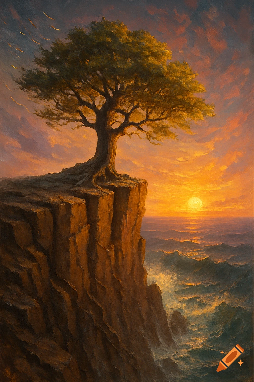 A painterly depiction of a solitary tree on a rugged cliff overlooking a stormy sea under a fiery sunset sky.