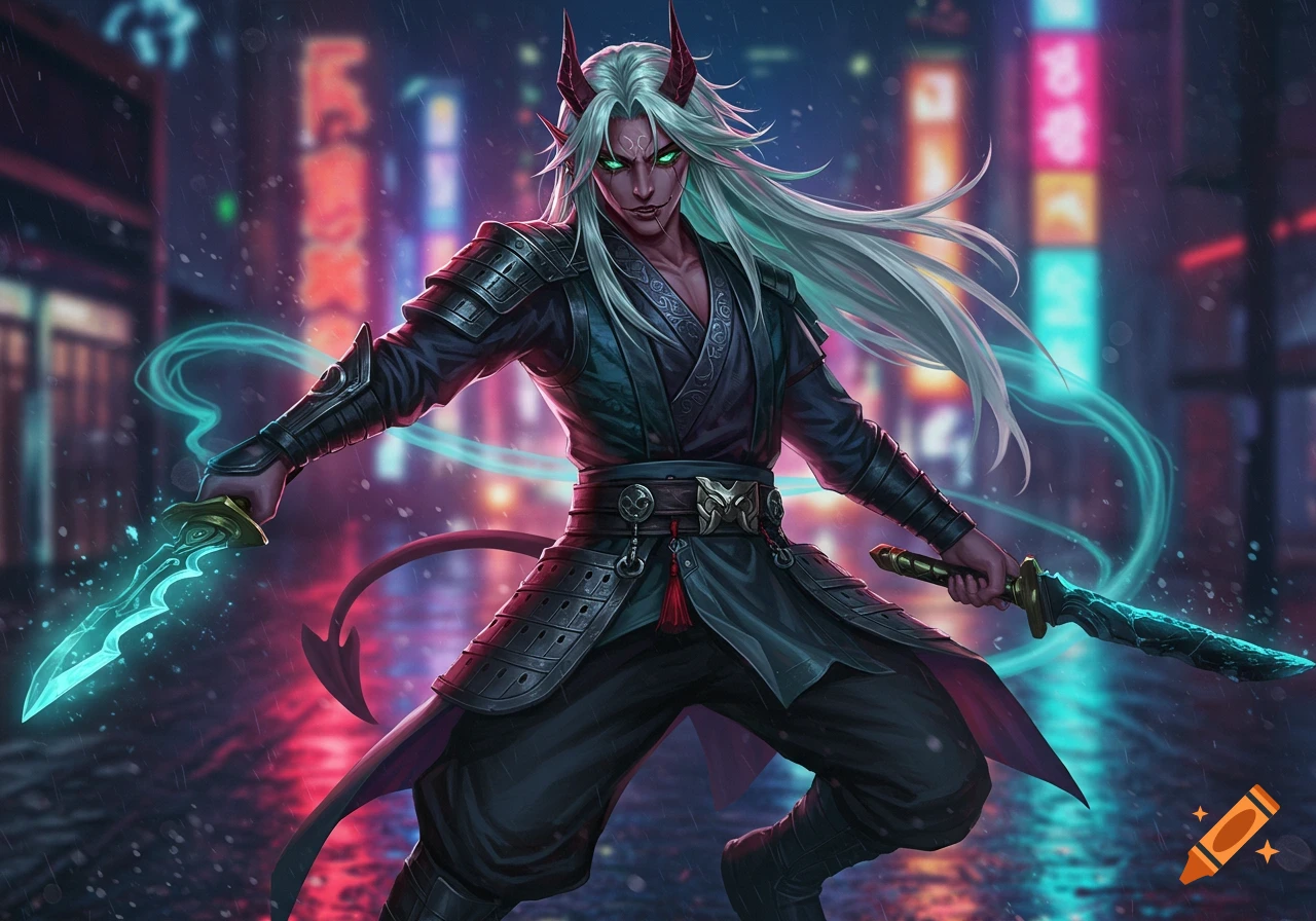 A white-haired demon character with red horns and glowing green eyes, wearing black armor and wielding two glowing swords, stands in a rainy, neon-lit city street.