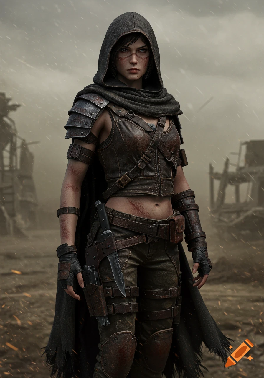 A post-apocalyptic female scout in a dark hooded cloak and worn leather armor with a knife, standing in a ruined wasteland under a dusty sky.