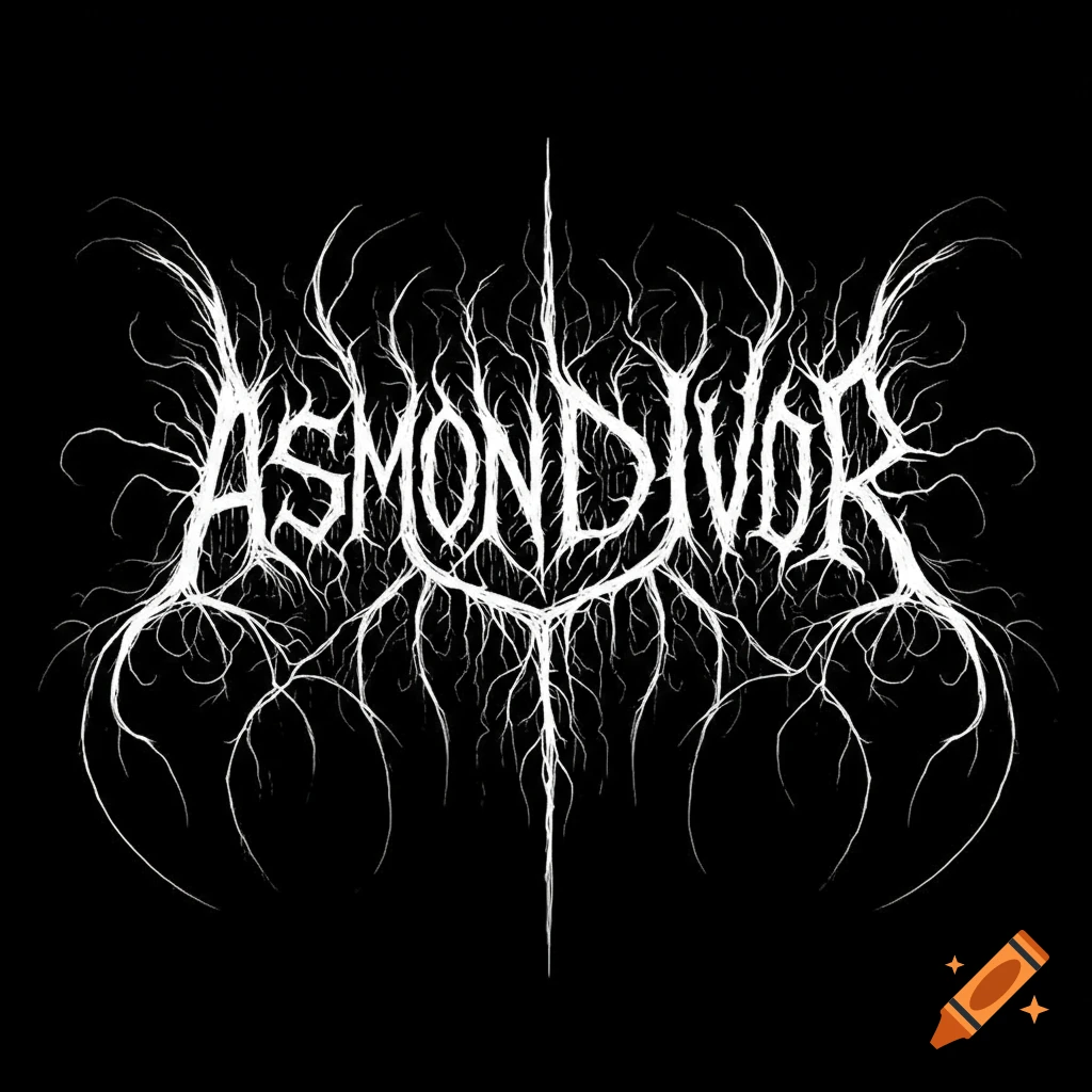 A white, root-like death metal band logo on a black background, spelling "Asmond Ivor."