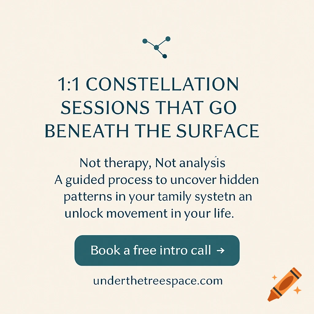 Minimalist promotional graphic with dark teal text on a soft beige background, advertising '1:1 Constellation Sessions' and a 'Book a free intro call' button.
