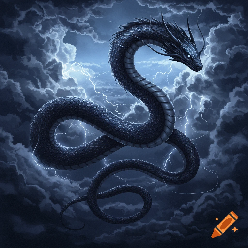 A dark, scaled serpent with glowing eyes coils through stormy, dark blue clouds with flashes of lightning.