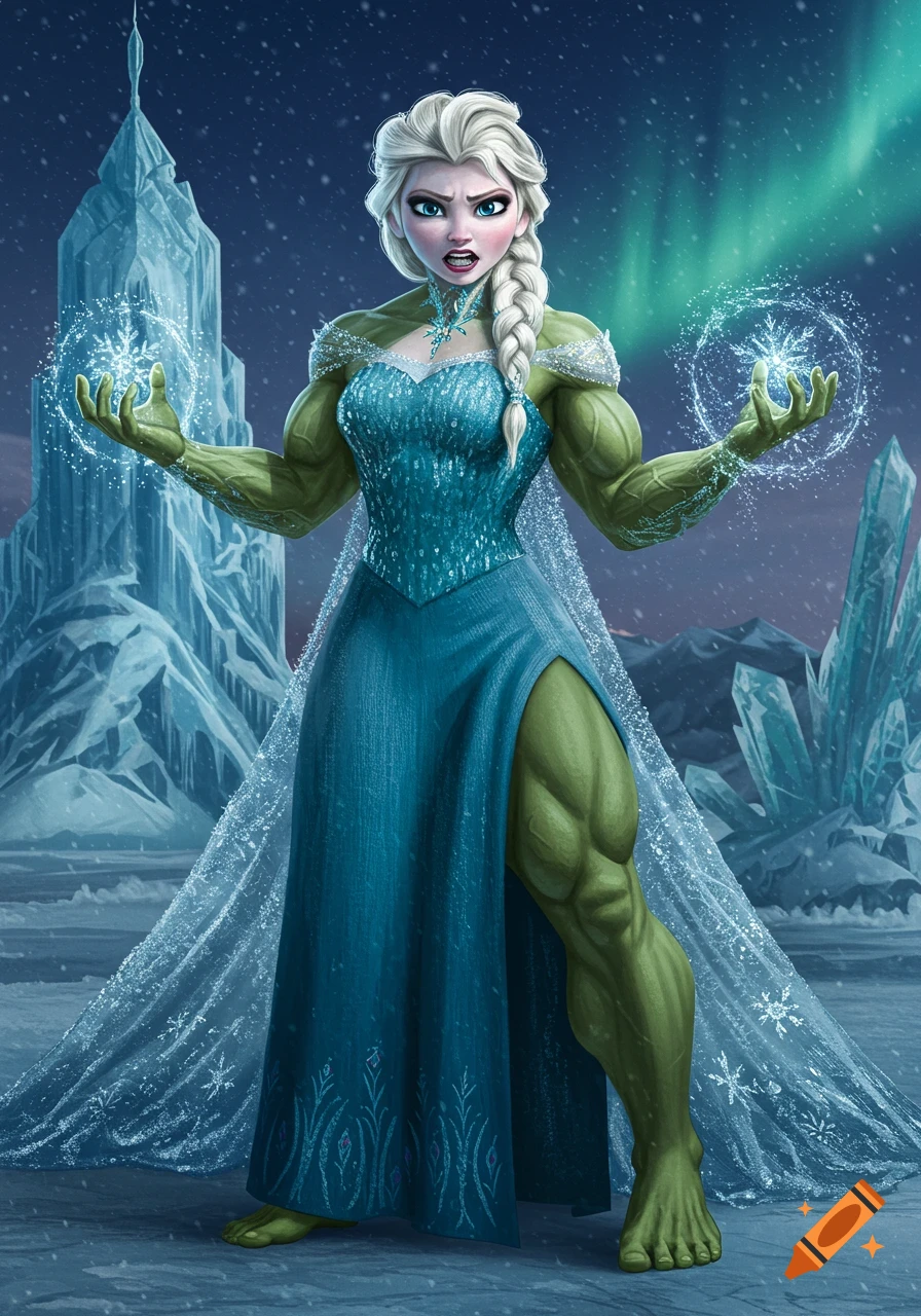 Elsa from Frozen transformed into a green, muscular Hulk-like figure, standing in an icy landscape with her ice castle.