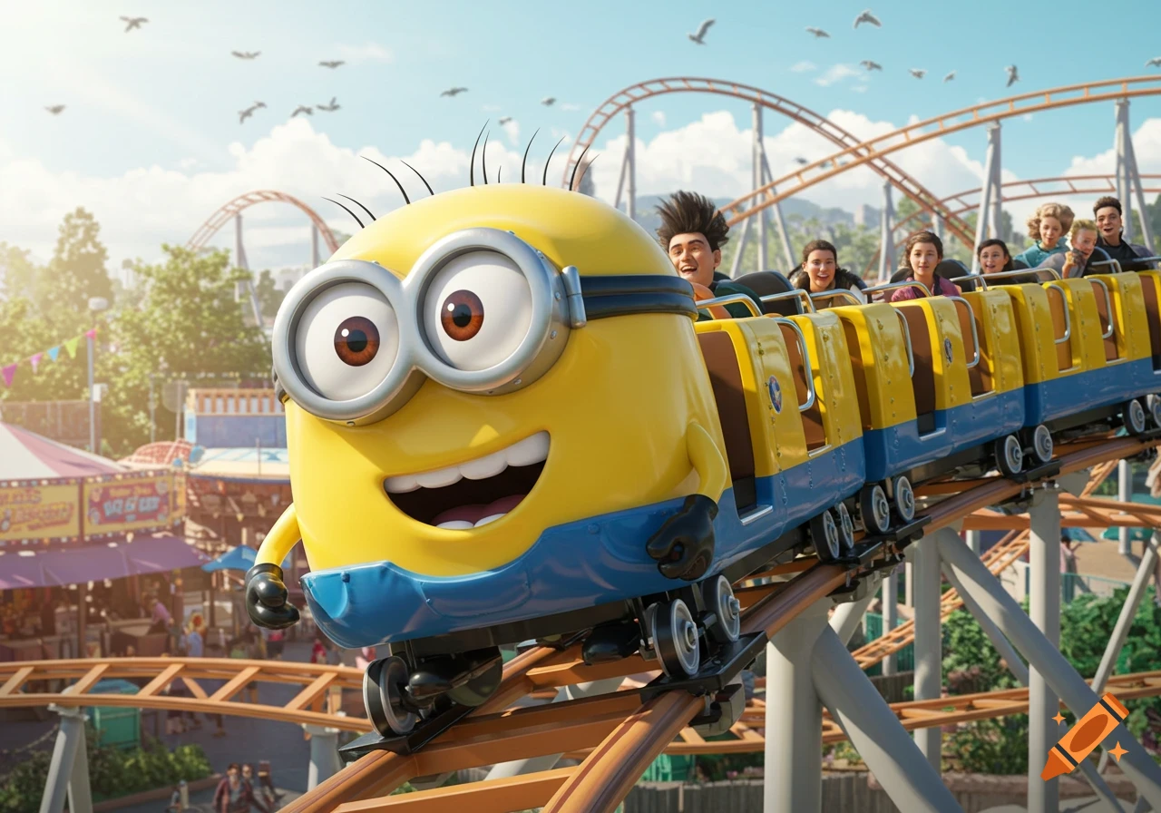 A Minion-shaped roller coaster car with riders ascends a track in a sunny amusement park, with other rides and birds in the background.