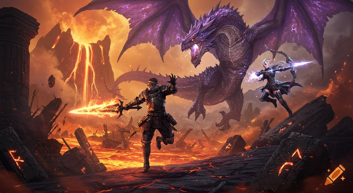 Detailed fantasy art of a warrior and an archer battling a purple dragon in a fiery volcanic landscape with lava and ancient runes.