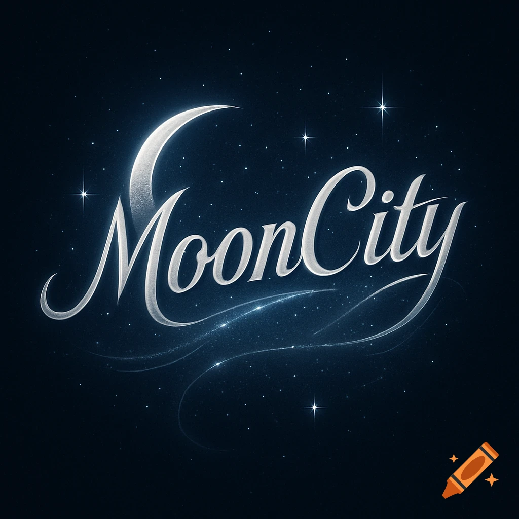 A glowing silver logo for 'MoonCity' with a crescent moon, set against a dark blue starry night sky.