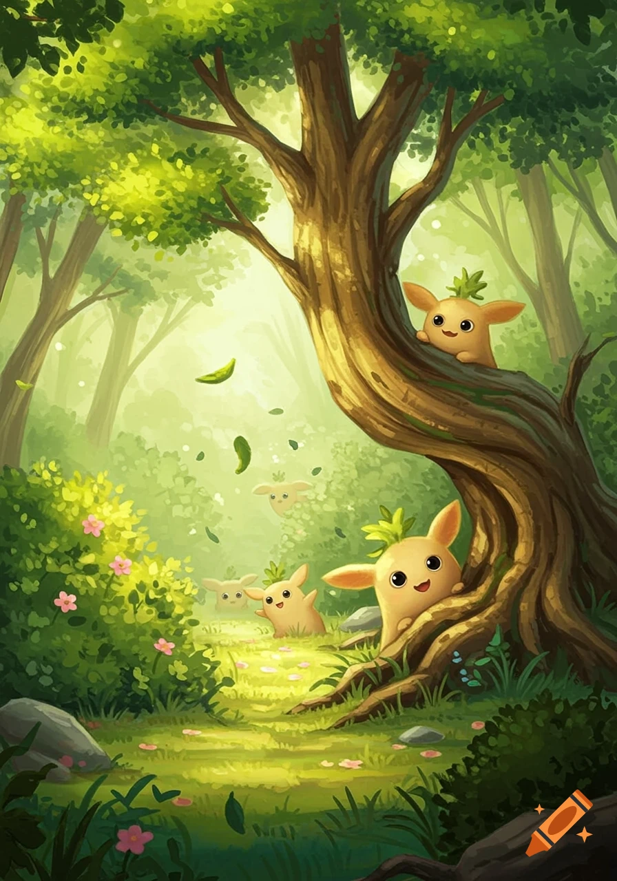 Cute brown creatures playing hide and seek in a lush, sunlit fantasy forest.