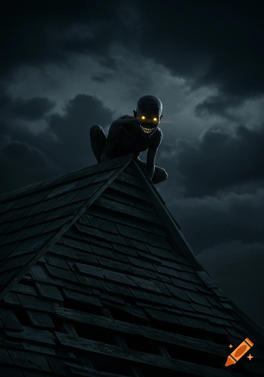 A creepy dark monster with glowing yellow eyes and sharp white teeth crouches on a dilapidated rooftop under a stormy night sky.