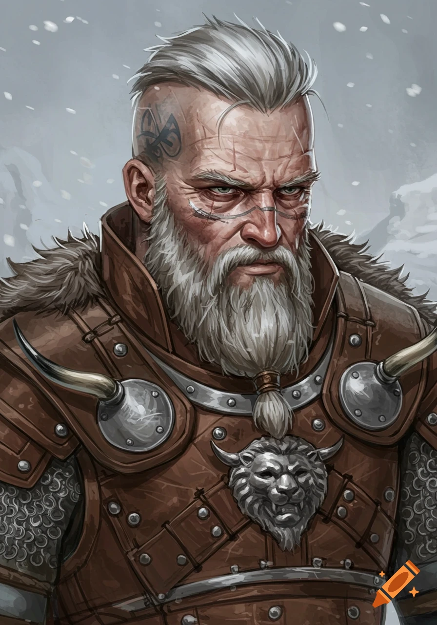 Portrait of a weathered Viking chieftain with grey beard, scars, and a head tattoo, wearing leather and metal armor.