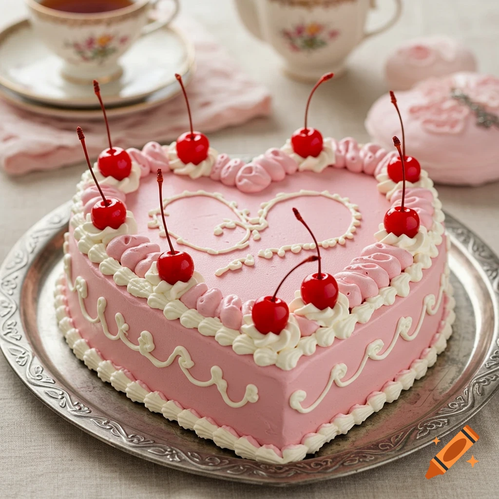 A pink heart-shaped cake decorated with white frosting and red cherries sits on a silver tray, with a teacup in the background.